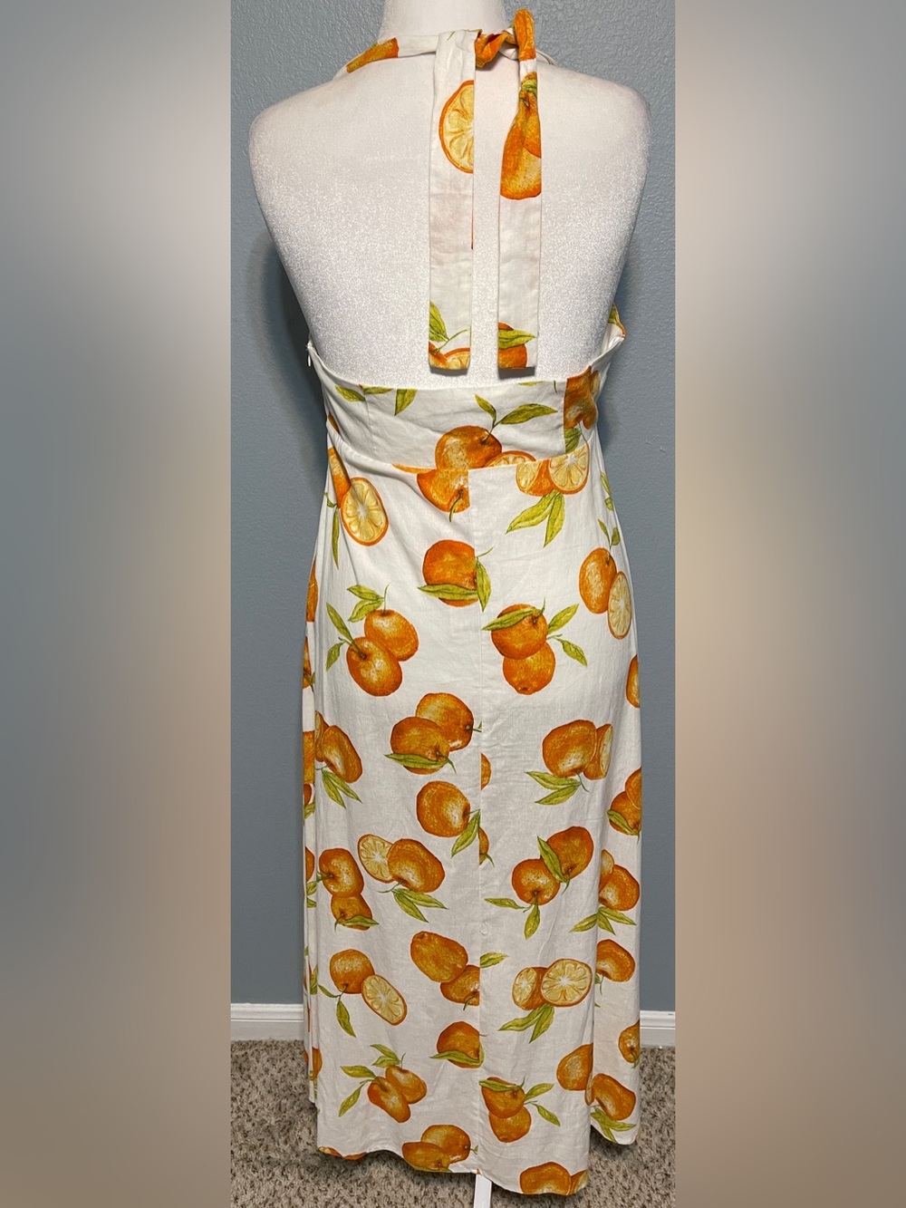 Zara Citrus Print Halter Midi Dress White Orange Fruit Sundress Coastal Large - Picture 2 of 11